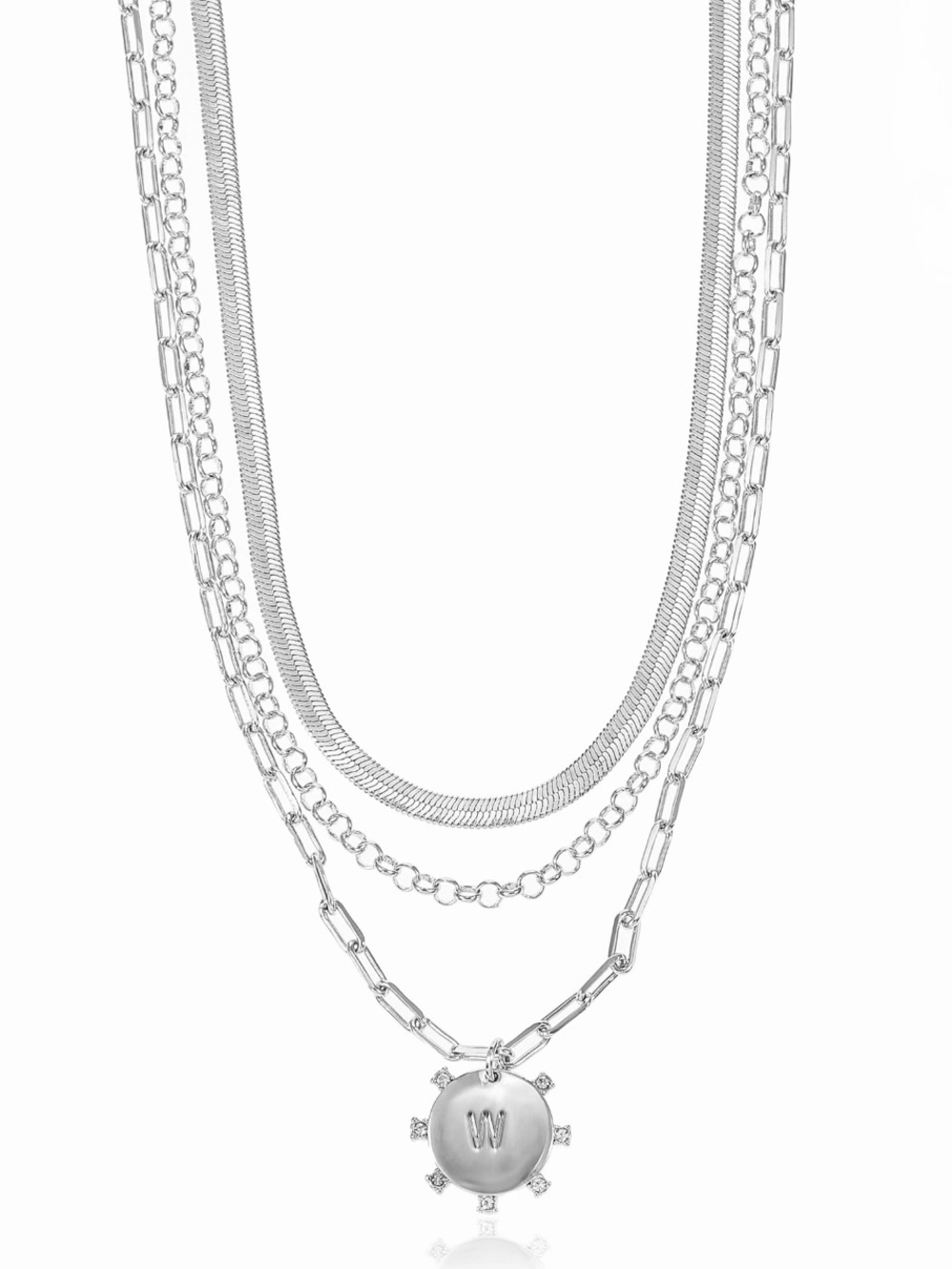 3 Piece Layered Silver Chain Necklace with Round Initial ‘w’ Pendant
